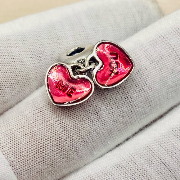 EUC Pandora 791244CZ Sterling Silver You & Me Heart Dangle Charm w/ Pink Enamel - Picture 3 of 9